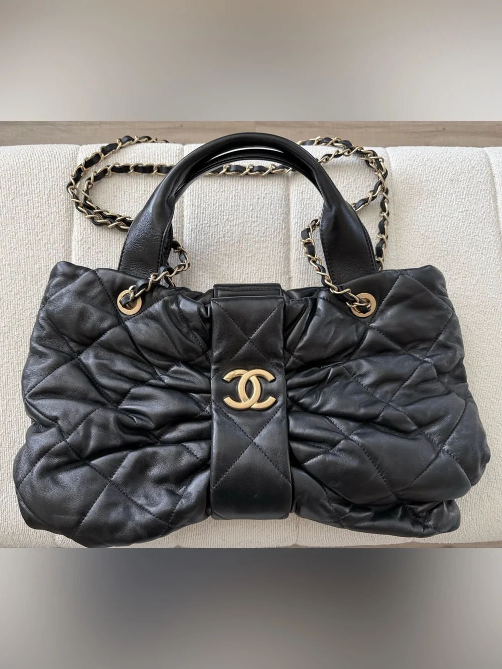 CHANEL 25k Bow Bag Medium Black Quilted Shoulder Bag with Gold CC